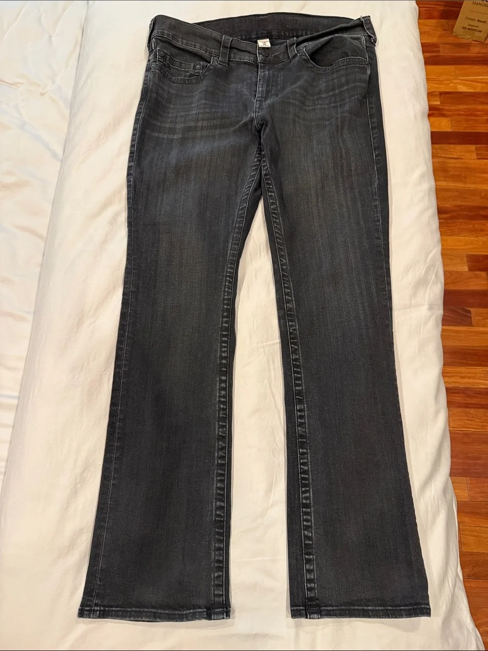 True Religion Straight Section Jeans Black Faded Horseshoe Flap Pocket 38